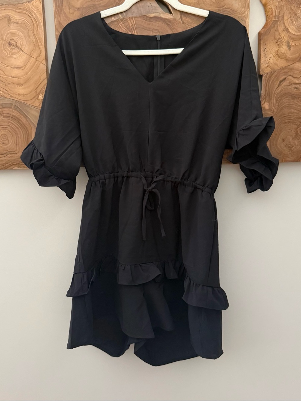 Black V-Neck Ruffle Drawstring Mini Dress - Picture 3 of 4